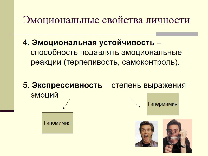 Эмоциональные свойства личности 4. Эмоциональная устойчивость – способность подавлять эмоциональные реакции (терпеливость, самоконтроль). 